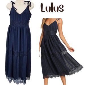 LULUS Love the Day Navy Lace Tie-Strap Midi Dress Women's S